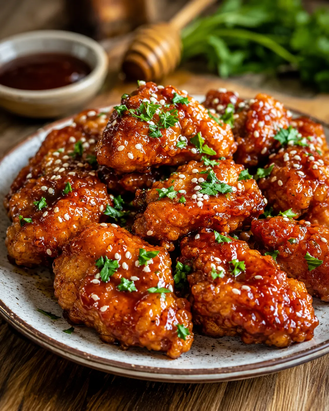 Honey BBQ chicken bites served with parsley and dipping sauce