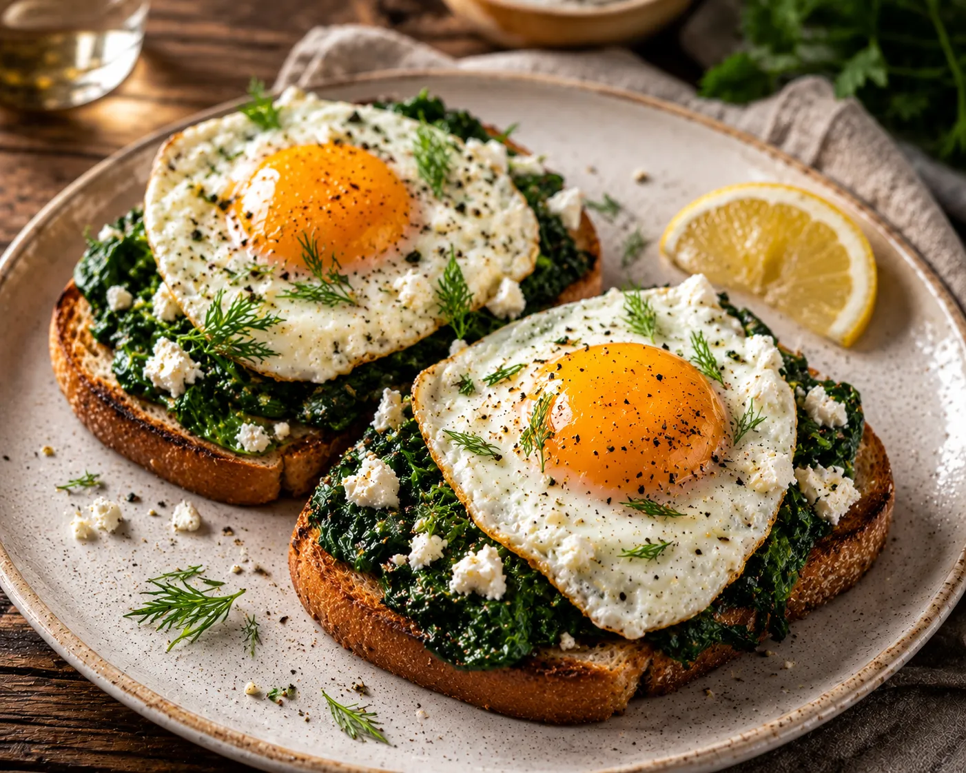 Crispy toast topped with spinach, feta, and fried egg