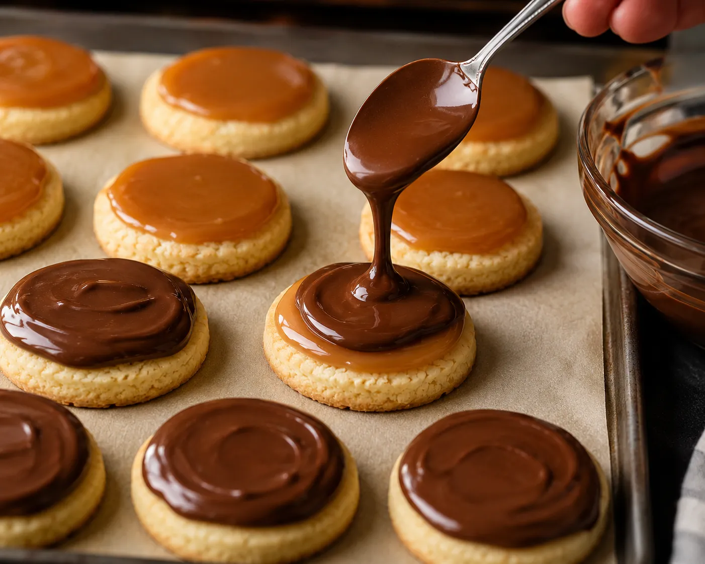 Close-up of Twix cookie showing caramel and chocolate layers