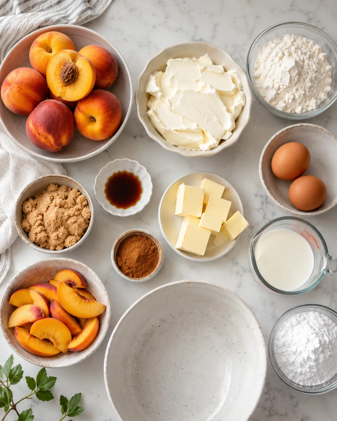 Ingredients for homemade Peach Cobbler Cheesecake Donuts on a kitchen counter
