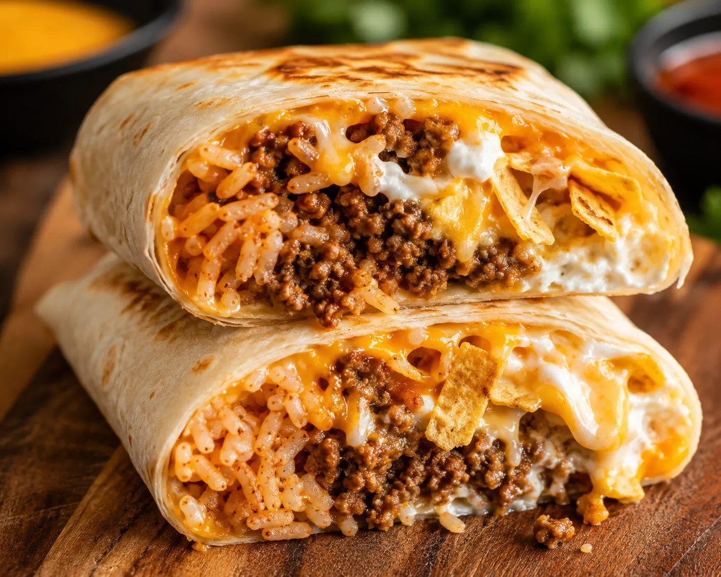 Taco Bell Beefy Melt Burrito copycat sliced open with beef, rice, nacho cheese, and sour cream.