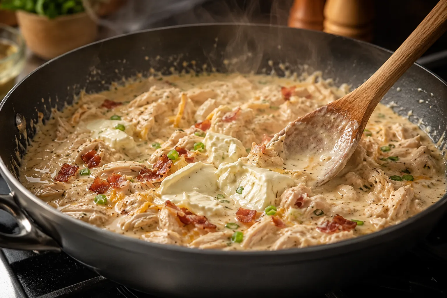 Creamy ranch cheese sauce cooking with chicken in a skillet