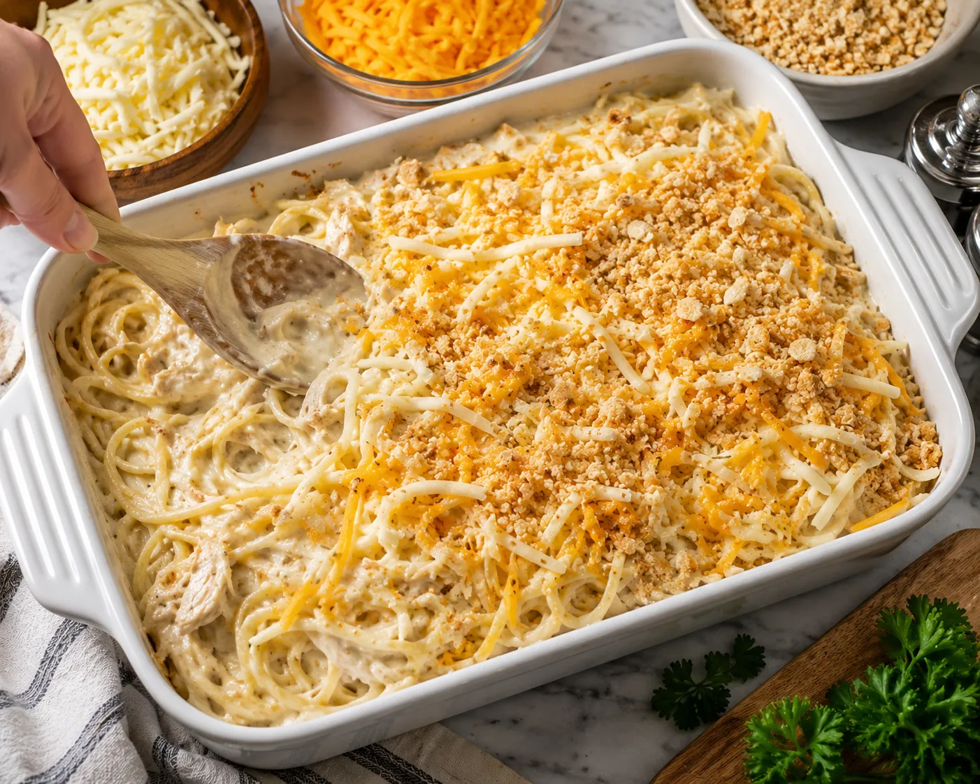 Monterey chicken spaghetti topped with cheese before baking