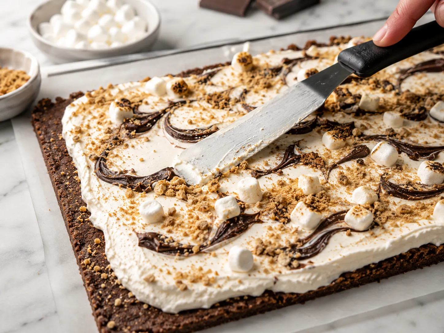 Frozen S'Mores Icecream Roll coated with melted chocolate and graham crumbs