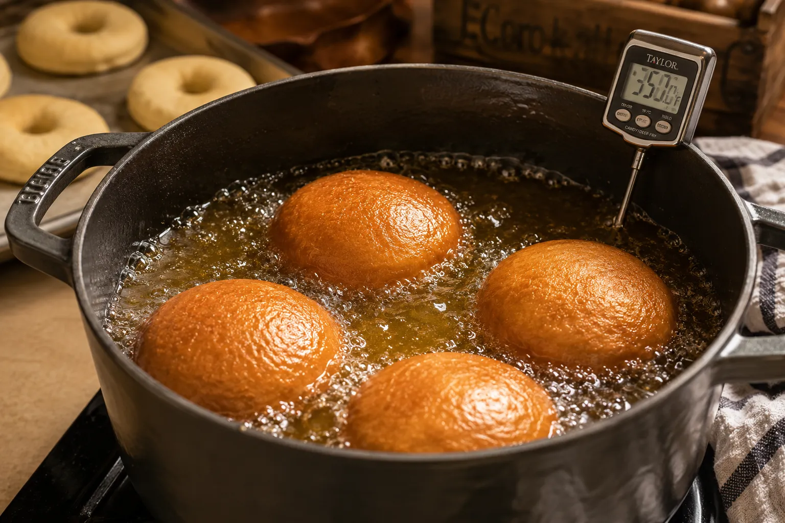 Cheesecake-filled donuts topped with peach cobbler topping and glaze