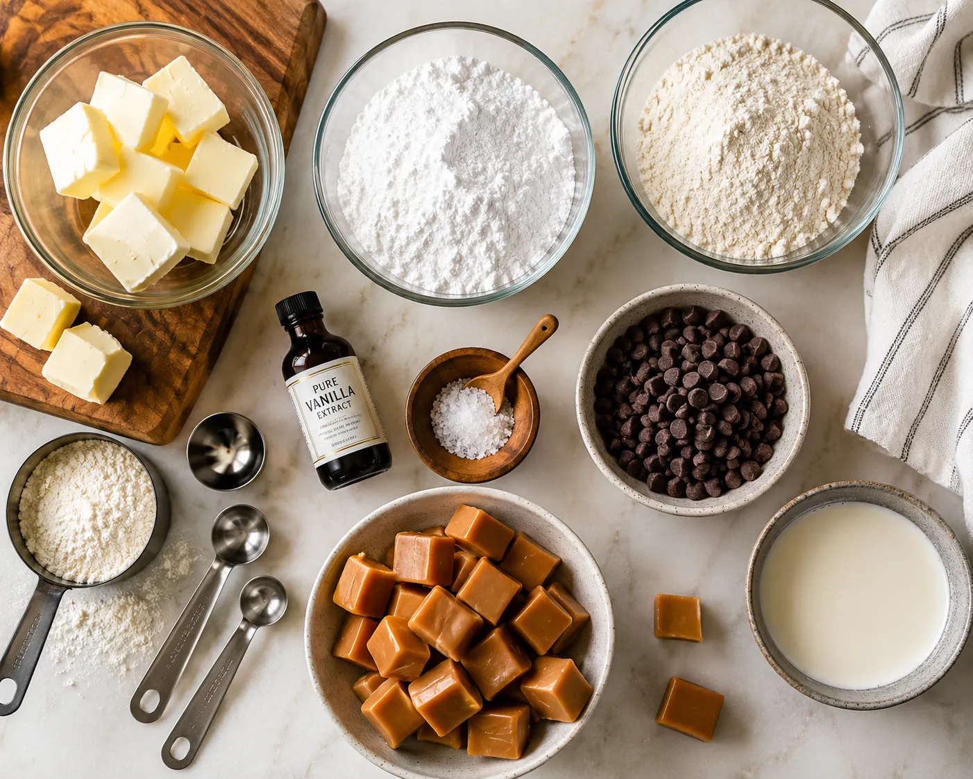 Ingredients for Twix cookies arranged on a kitchen counter