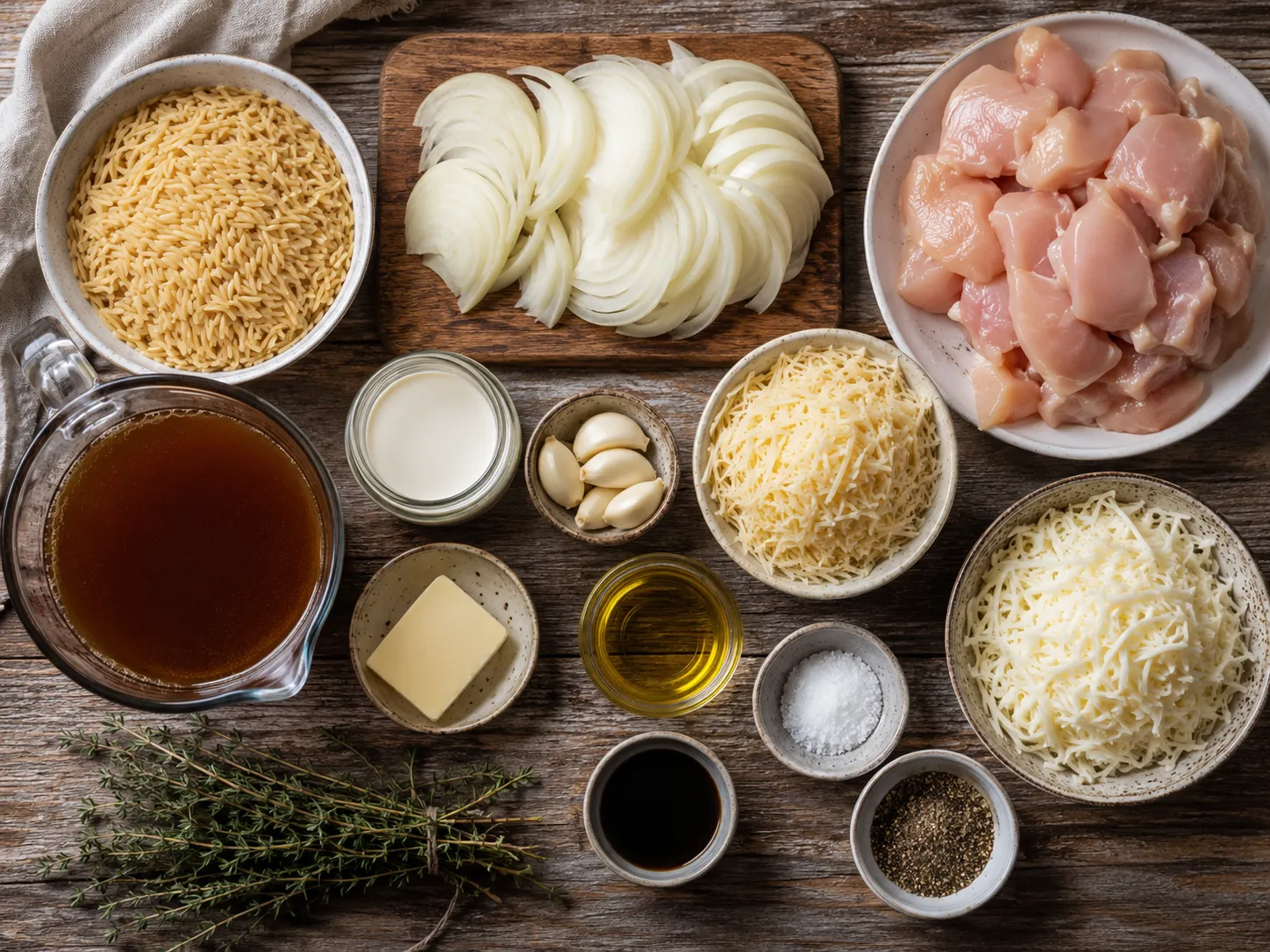 Ingredients for French Onion Chicken Orzo Casserole on kitchen counter