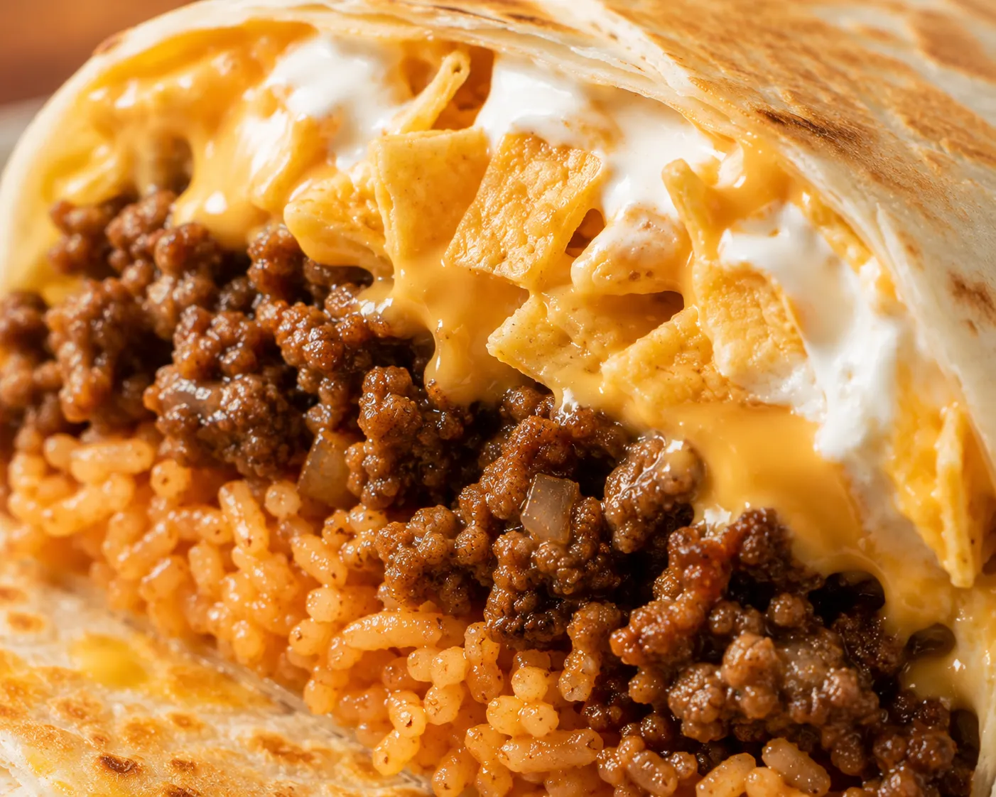 Close-up of cheesy beef and rice filling inside a homemade Beefy Melt Burrito.
