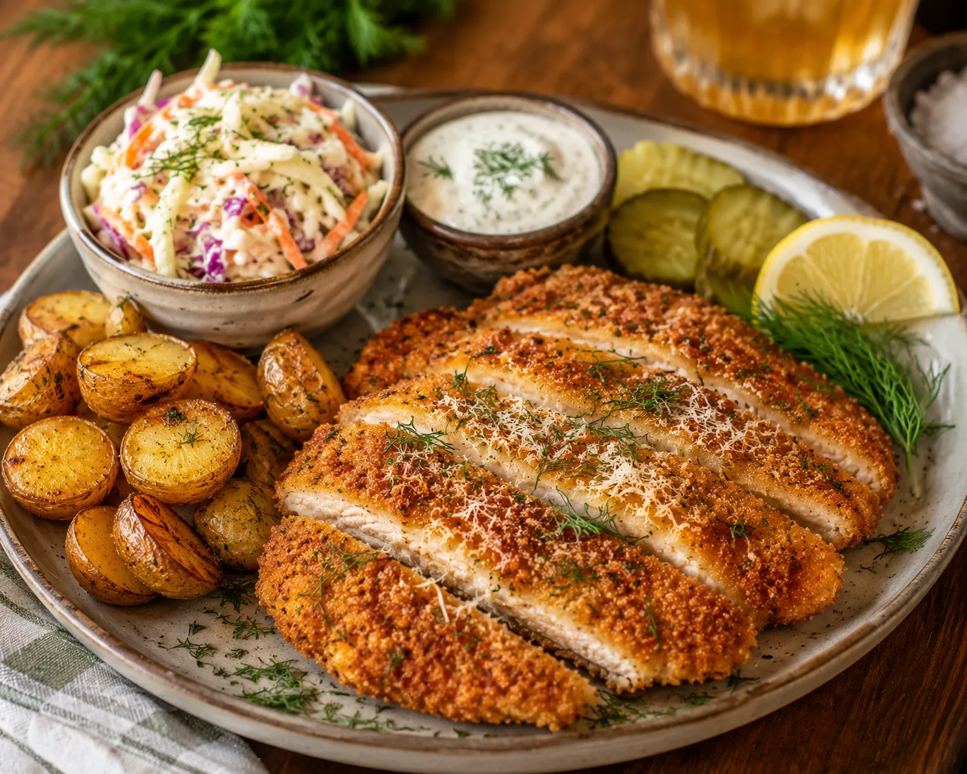 Crispy pickle parmesan chicken served with coleslaw and potatoes