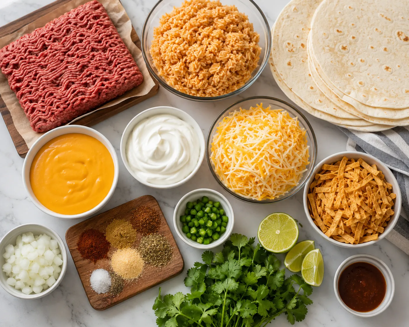 Ingredients for homemade Taco Bell Beefy Melt Burritos on a kitchen counter.