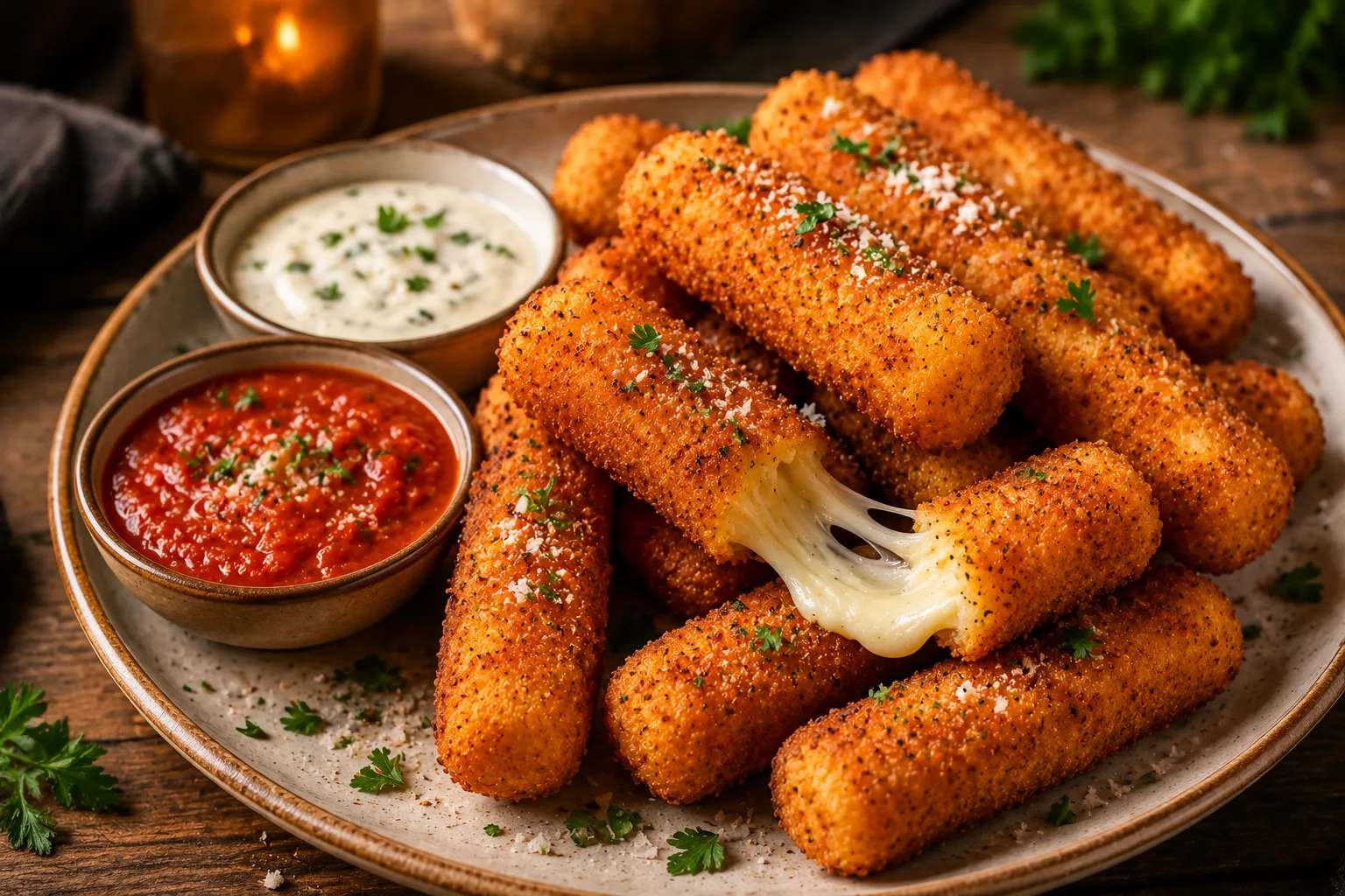 Homemade mozzarella sticks served with warm marinara sauce.