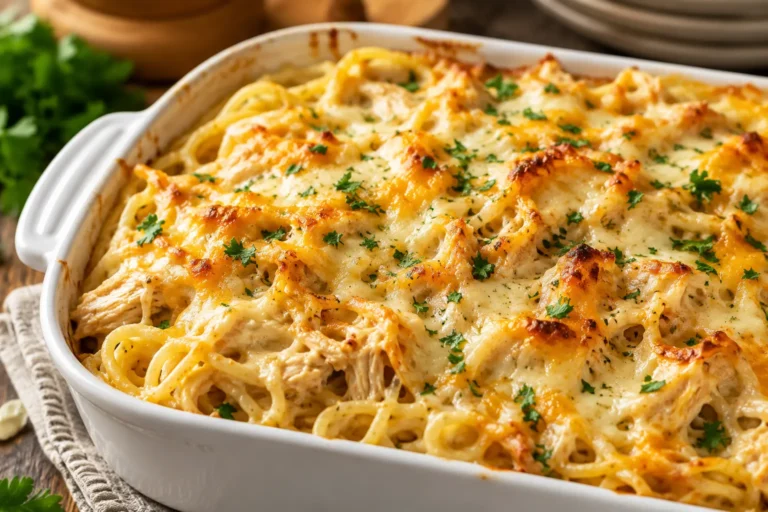 Monterey Chicken Spaghetti Recipe baked in a casserole dish with melted cheese