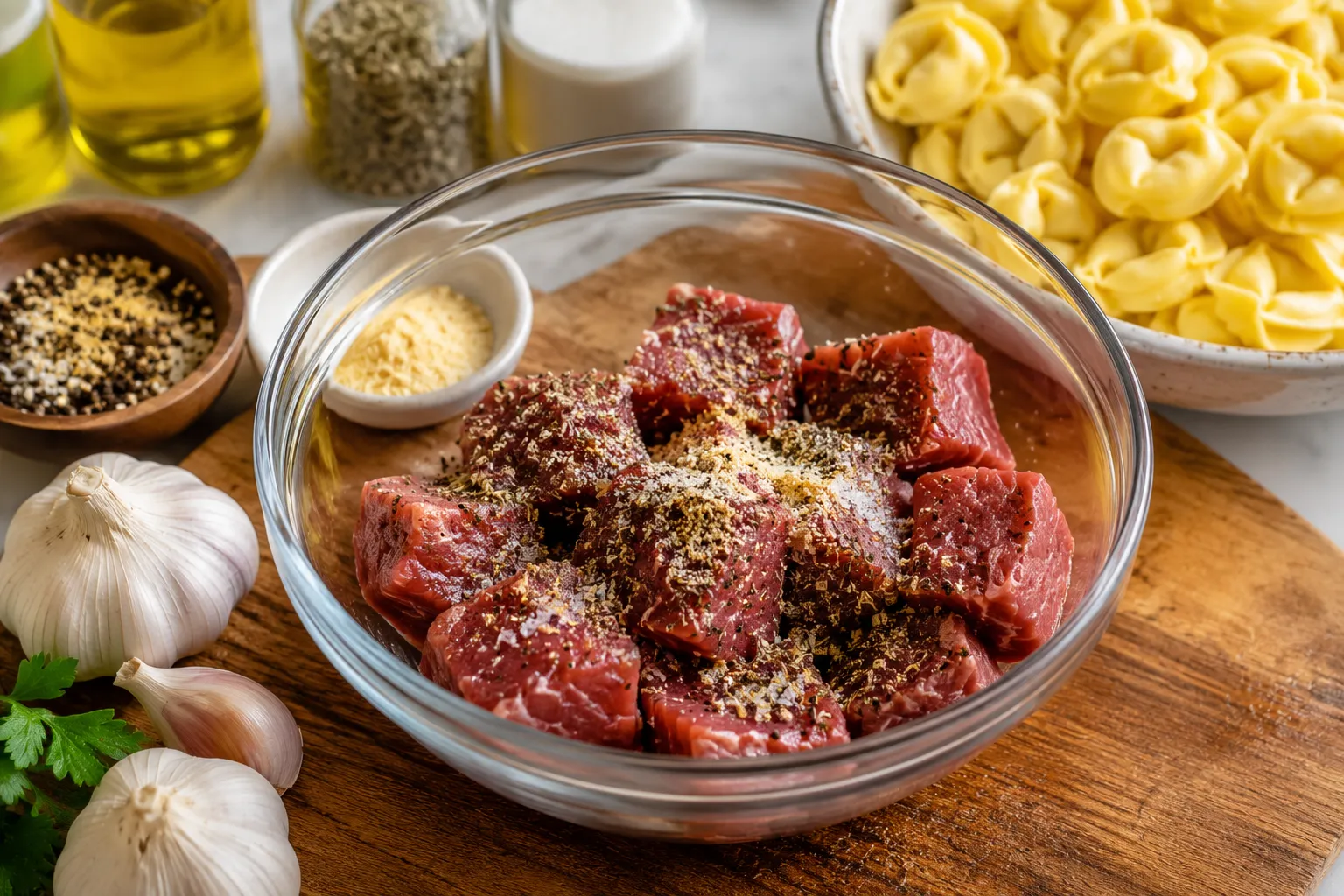 Steak cubes seasoned for Garlic Steak Tortellini recipe