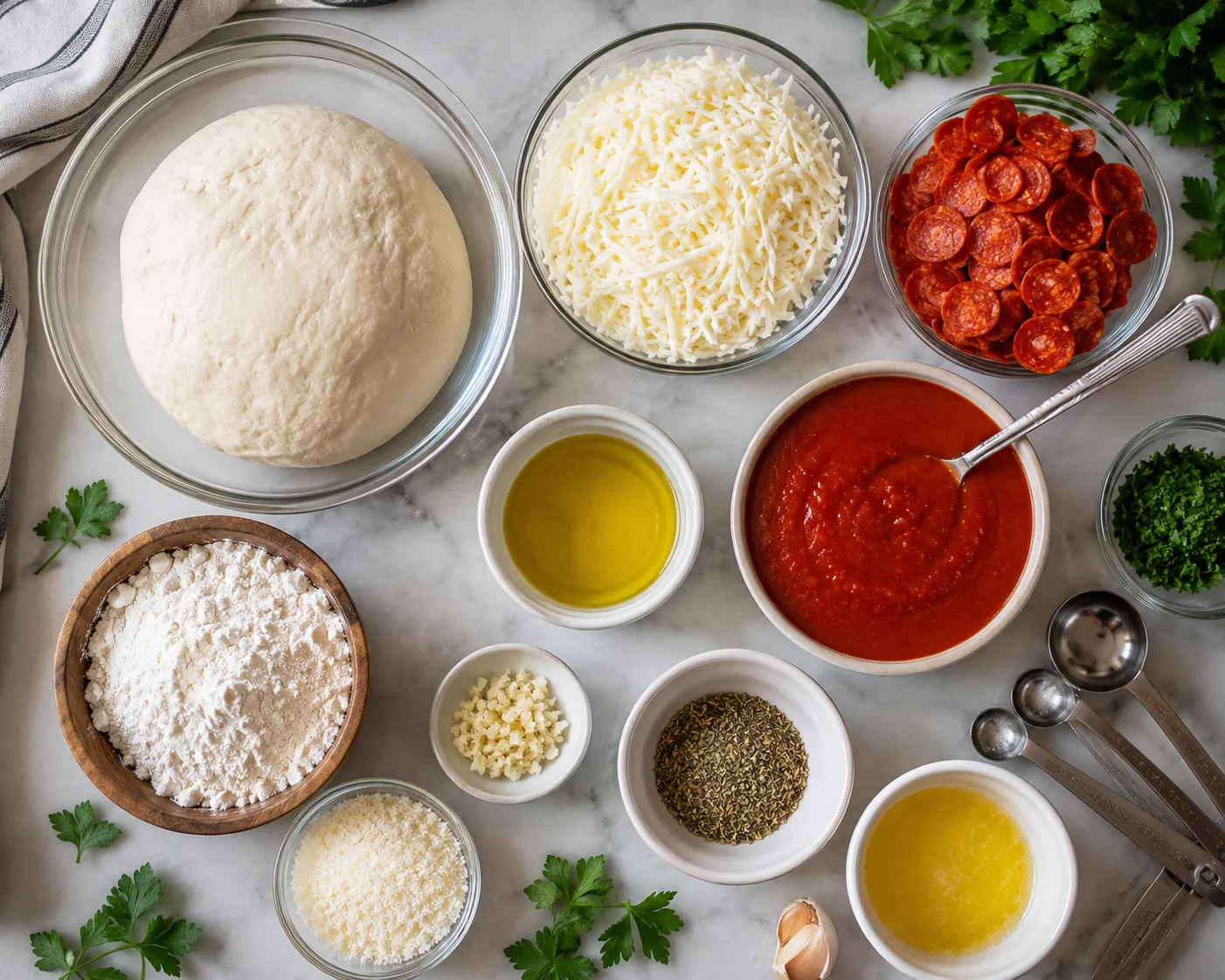 Ingredients for Jumbo Pepperoni Stuffed Pizza Spiral on a kitchen counter
