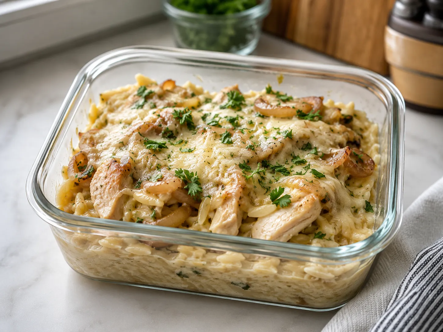 Creamy orzo casserole with chicken before baking