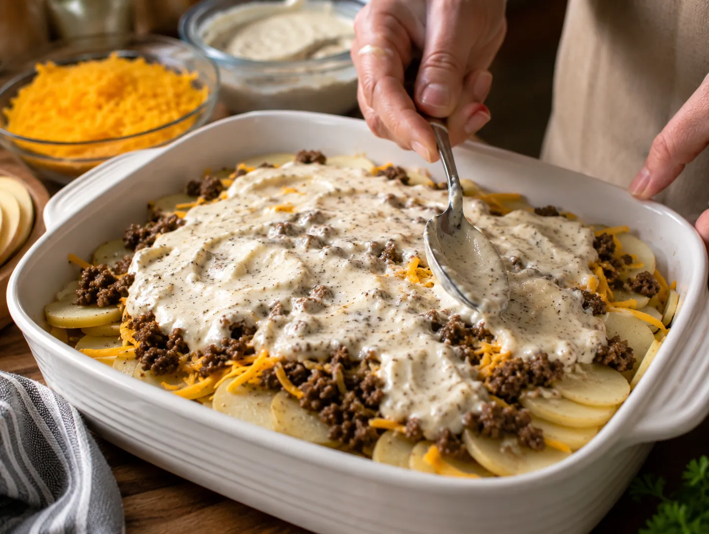 Thin sliced potatoes layered with ground beef and creamy sauce