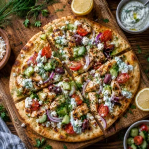 Zesty Greek Chicken Flatbread with Fresh Toppings served on a rustic wooden board