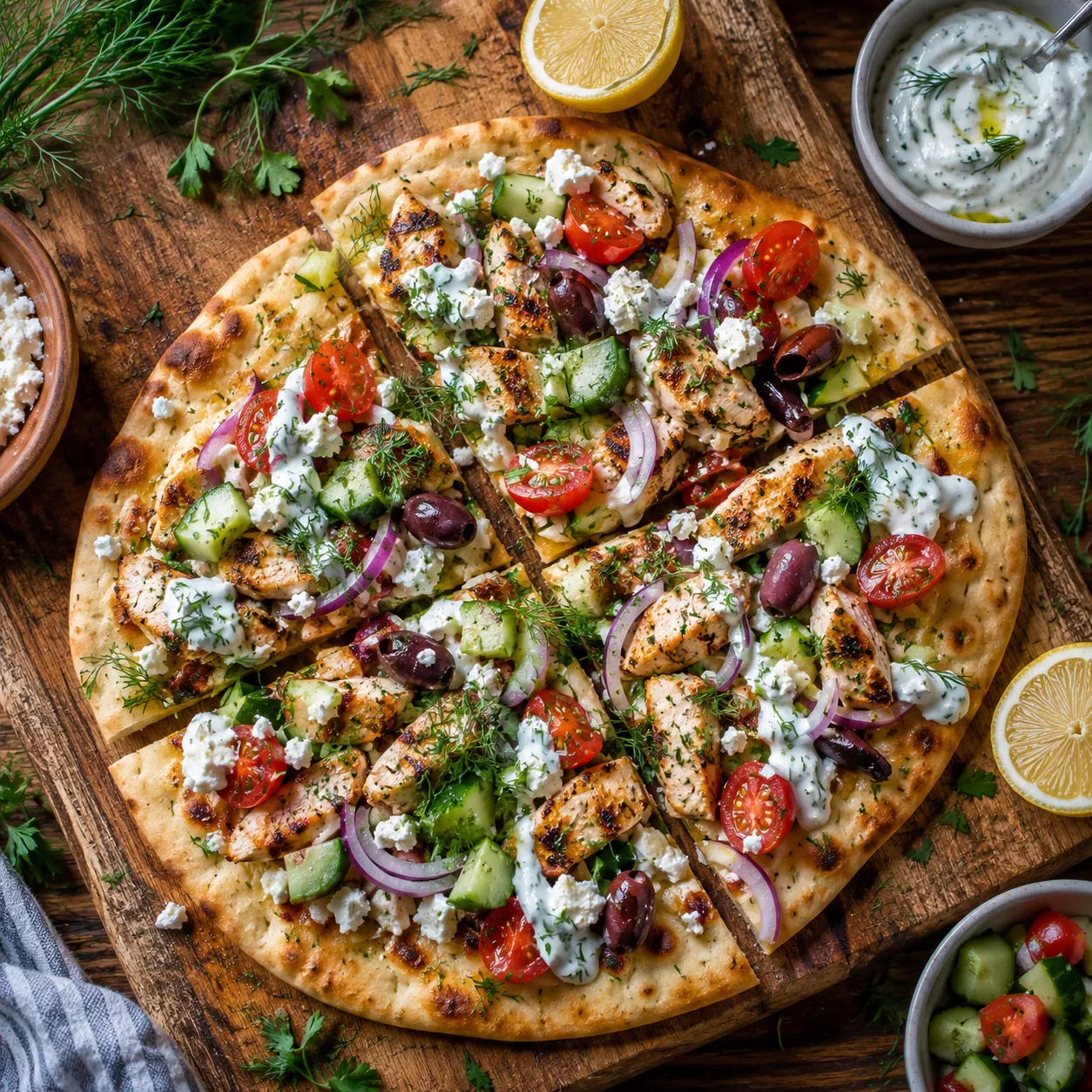 Zesty Greek Chicken Flatbread with Fresh Toppings served on a rustic wooden board