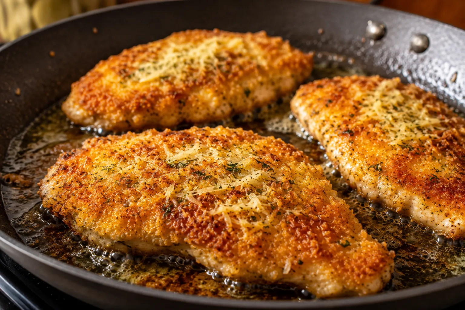 Dill pickle parmesan chicken frying in a skillet until golden brown