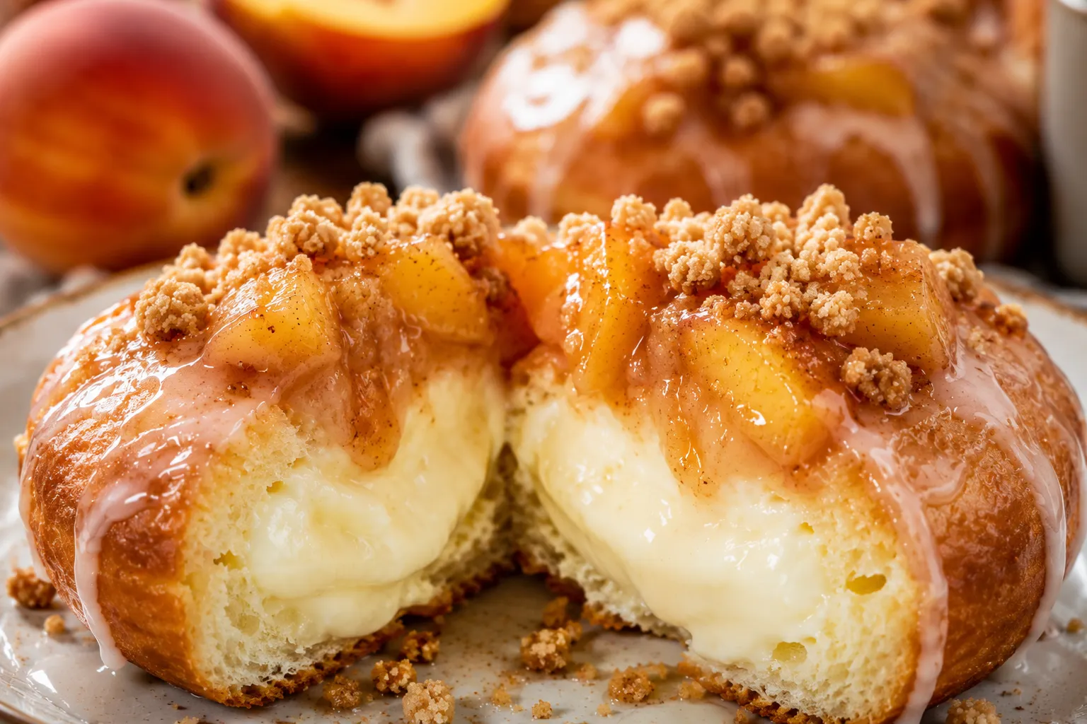 Bakery-style peach cobbler donuts served with coffee and fresh peaches
