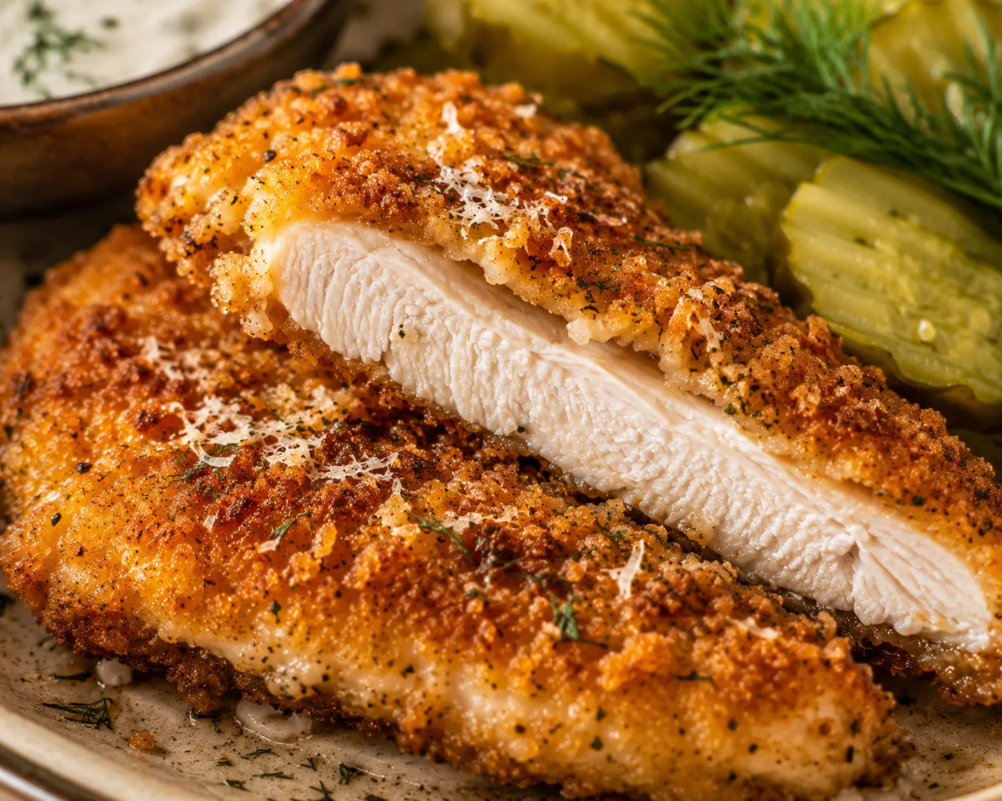 Close-up of juicy chicken with crunchy parmesan breadcrumb crust