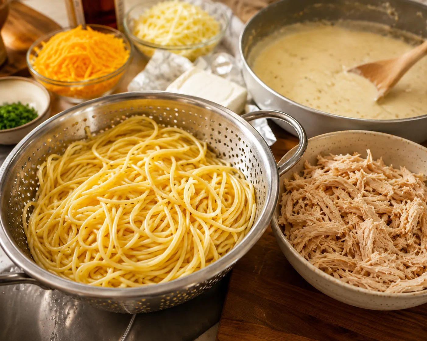 Cooked spaghetti and shredded chicken prepared for creamy pasta casserole