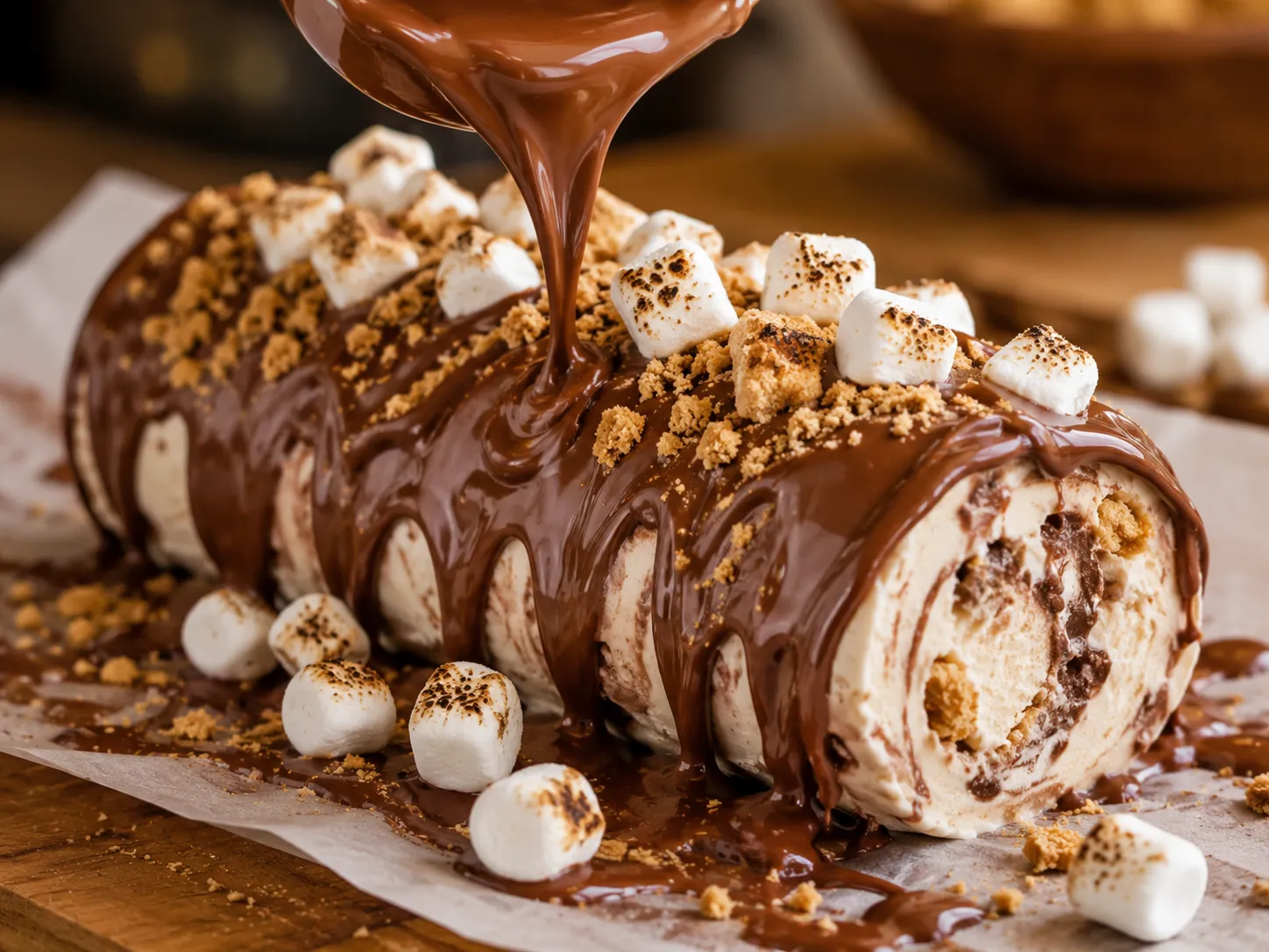 Sliced S'Mores Icecream Roll with fudge swirl and toasted marshmallows