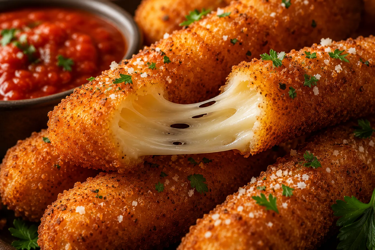 Close-up of gooey cheese pull inside crispy mozzarella sticks.