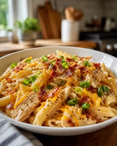 Cozy Crack Chicken Pasta served with bacon and green onions
