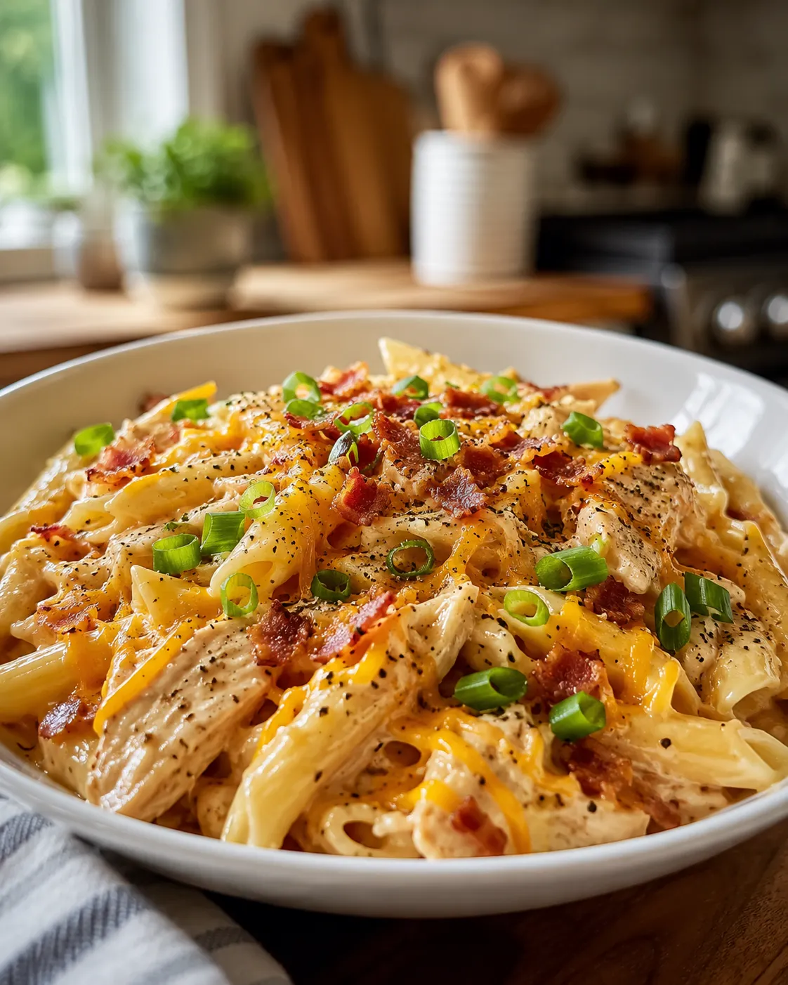 Cozy Crack Chicken Pasta served with bacon and green onions