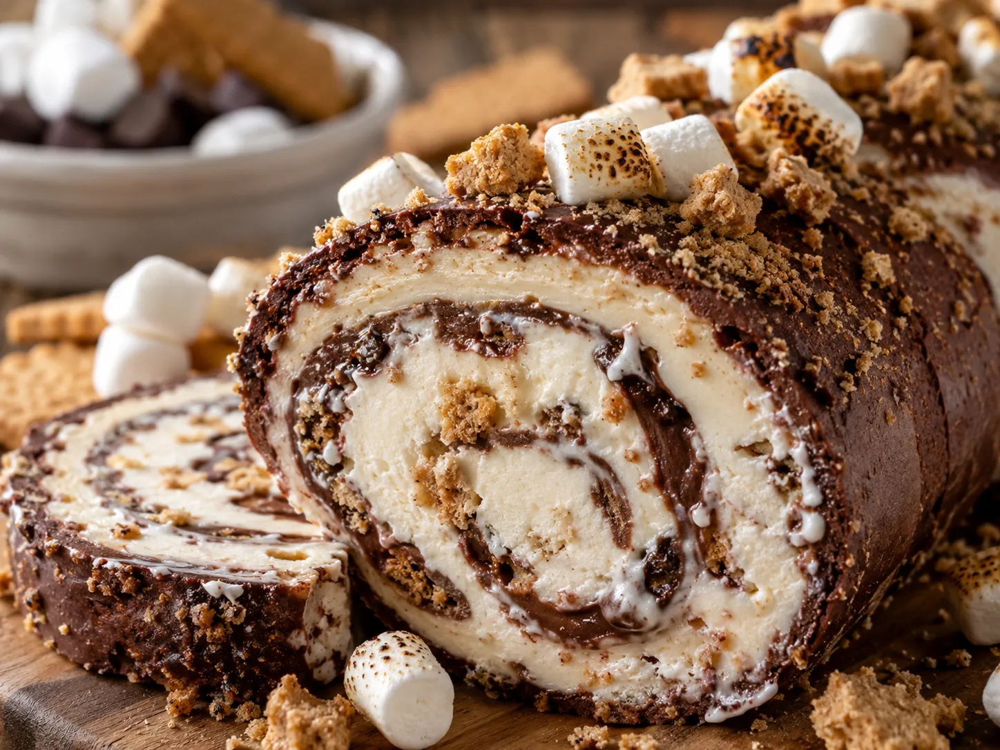 S'Mores Icecream Roll with chocolate shell and marshmallow ice cream filling