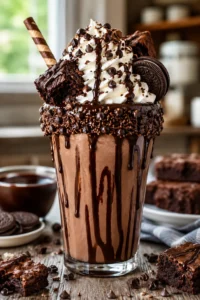 Ultimate Chocolate Lovers Freakshake with whipped cream, brownies, cookies, and chocolate drizzle