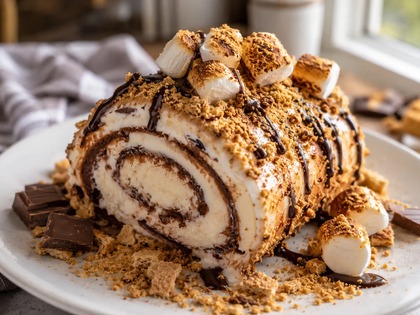 Sliced S'Mores Icecream Roll with fudge swirl and toasted marshmallows