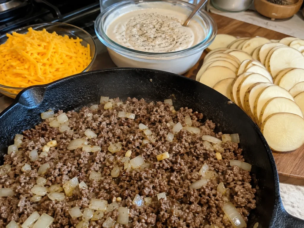 Seasoned ground beef cooking in a skillet for hobo casserole