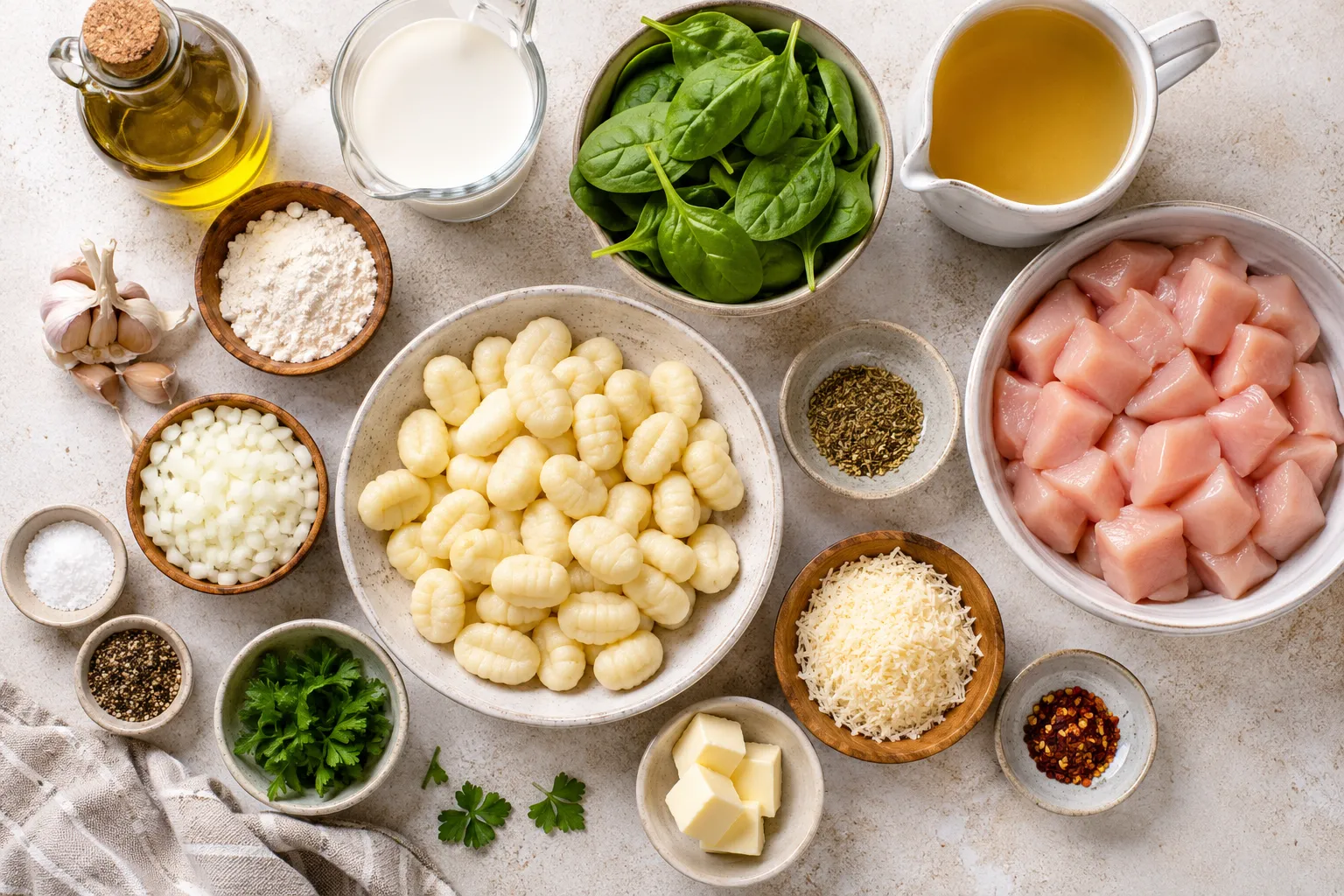 Ingredients for creamy chicken gnocchi arranged on a kitchen counter