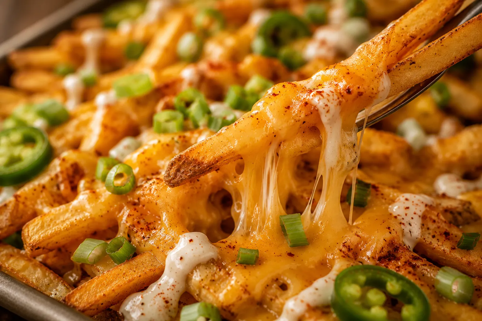 Close-up of Louisiana Voodoo Fries with ranch and jalapeños