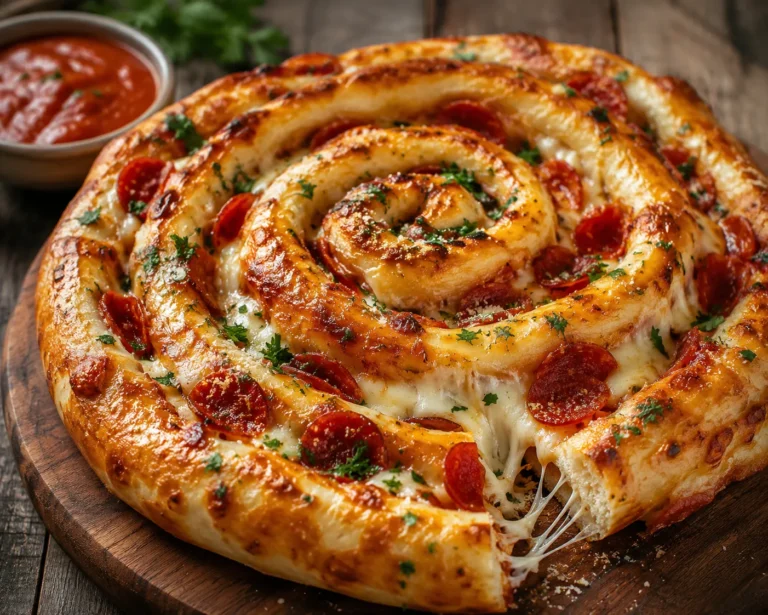 Jumbo Pepperoni Stuffed Pizza Spiral with melted cheese and marinara sauce
