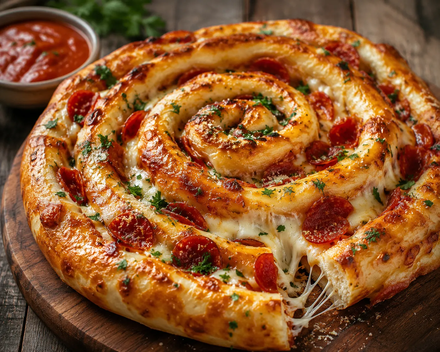 Jumbo Pepperoni Stuffed Pizza Spiral with melted cheese and marinara sauce