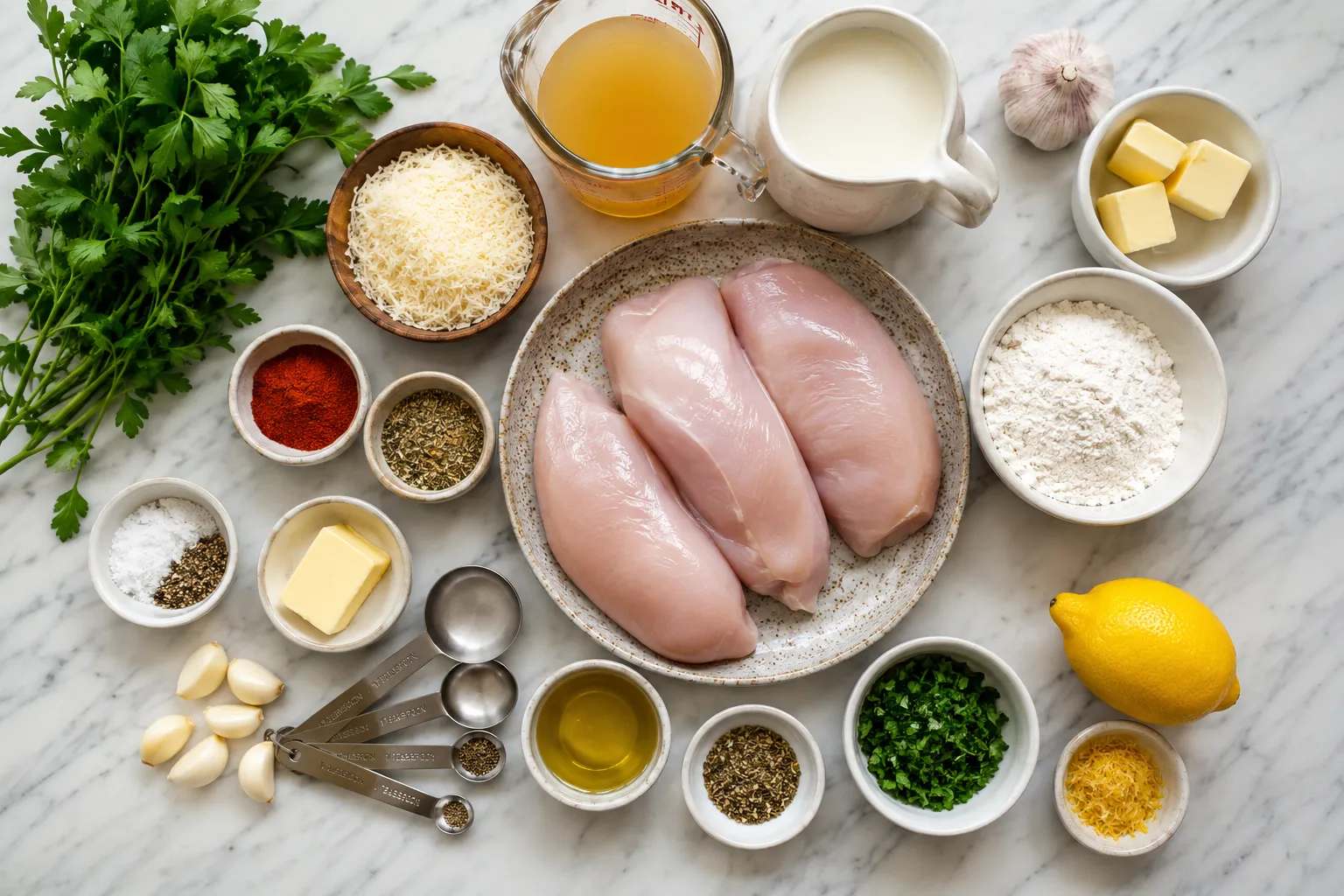 Ingredients for creamy garlic chicken arranged on a kitchen counter