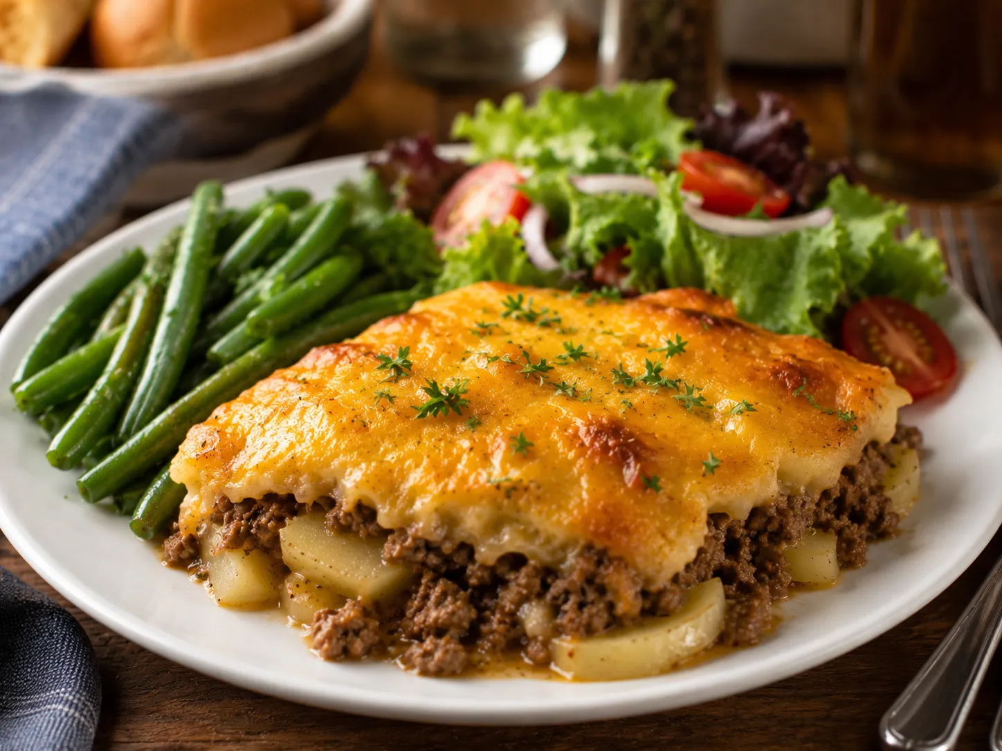 Cheesy hobo casserole served on a plate with vegetables