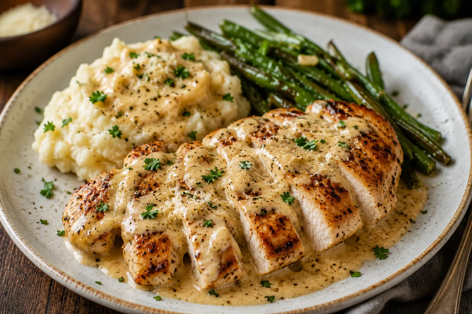 Golden chicken simmering in creamy garlic sauce in a skillet