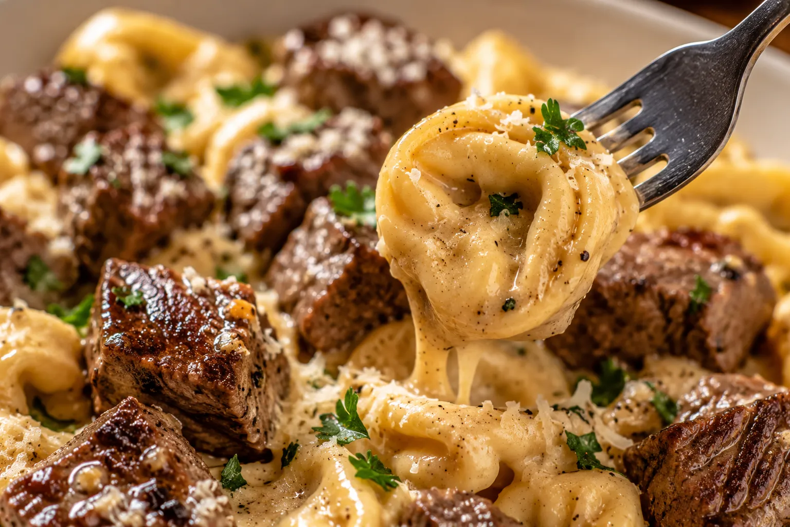 Close-up of Garlic Steak Tortellini with parmesan and parsley