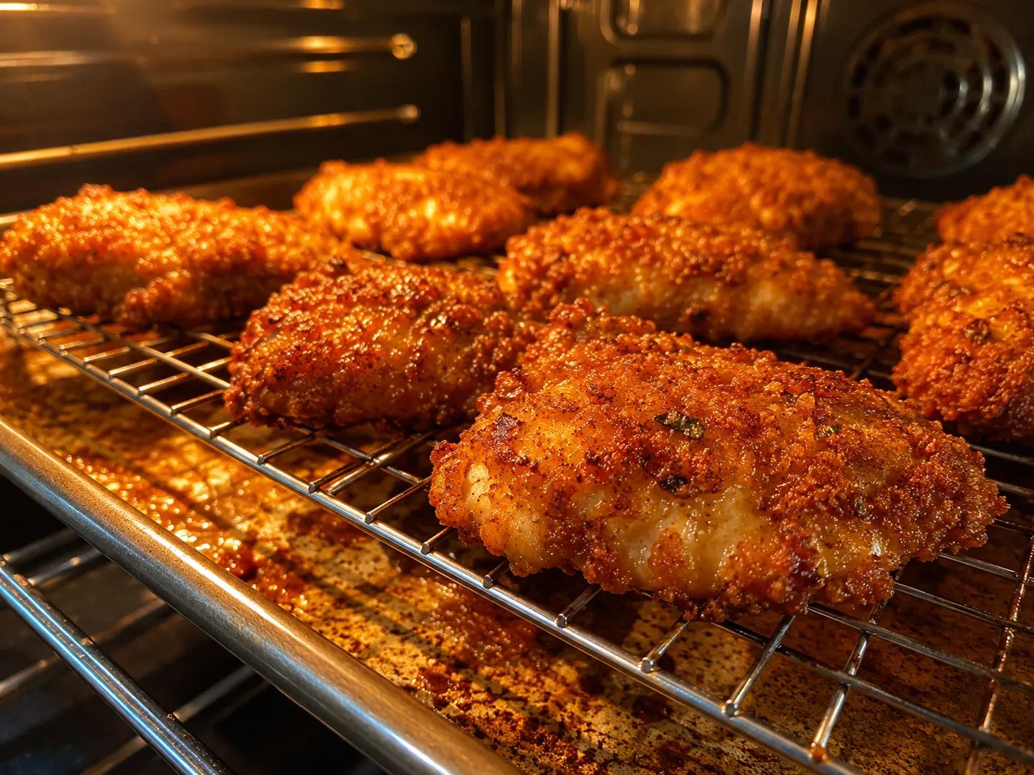 Crispy Baked Hot Honey Chicken baking on a wire rack