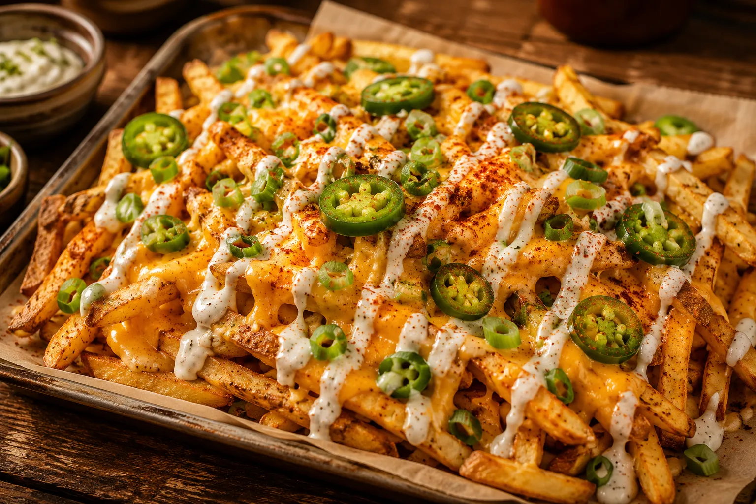 Close-up of Louisiana Voodoo Fries with ranch and jalapeños
