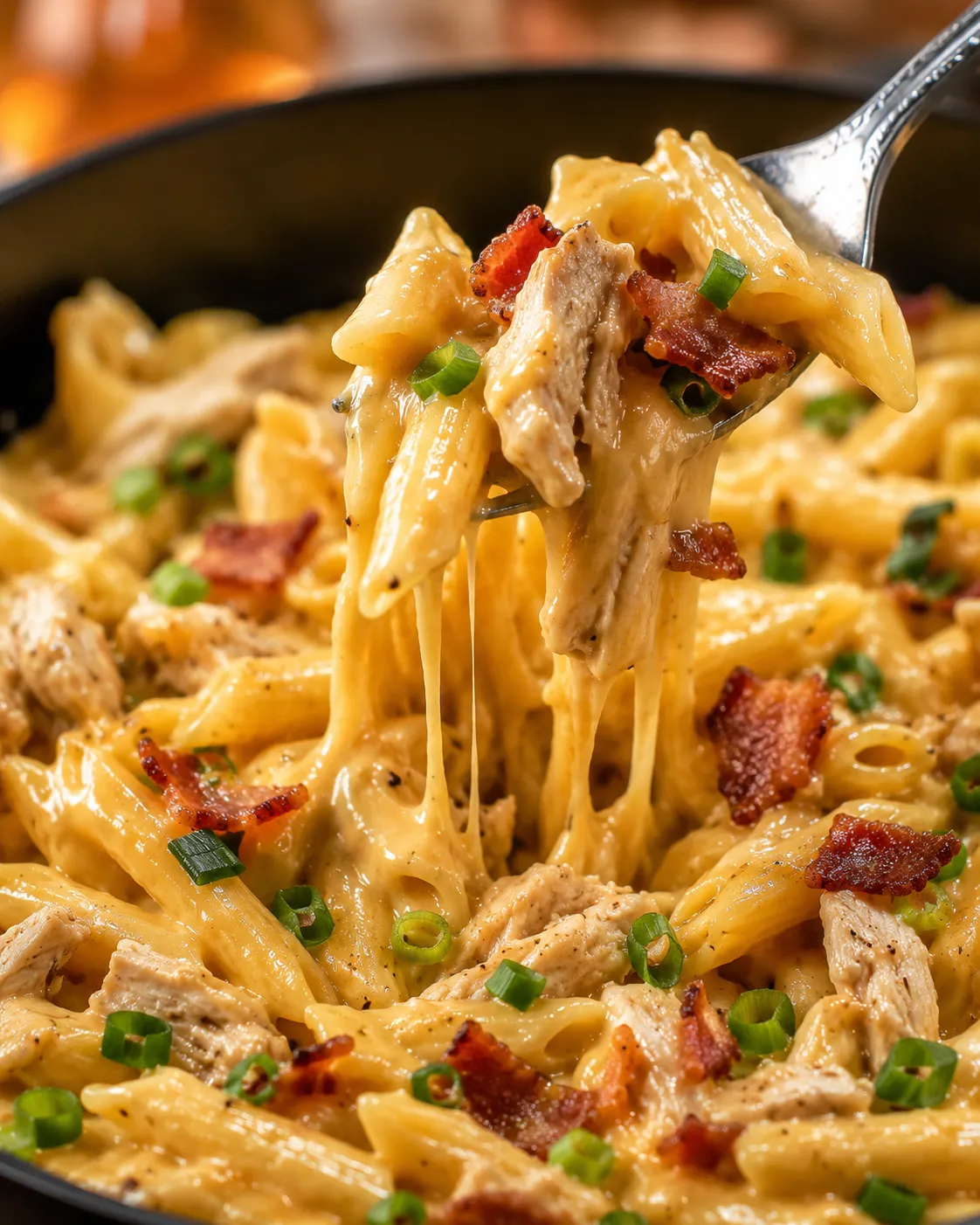 Close-up of creamy chicken pasta with melted cheese and bacon