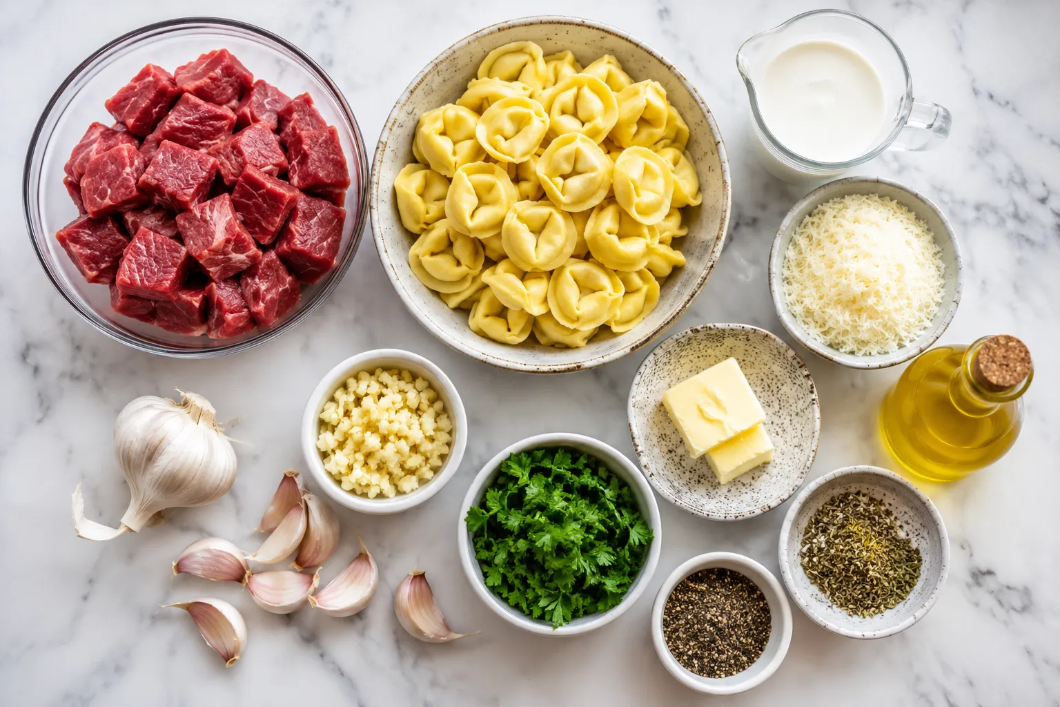 Ingredients for Garlic Steak Tortellini arranged on a kitchen counter