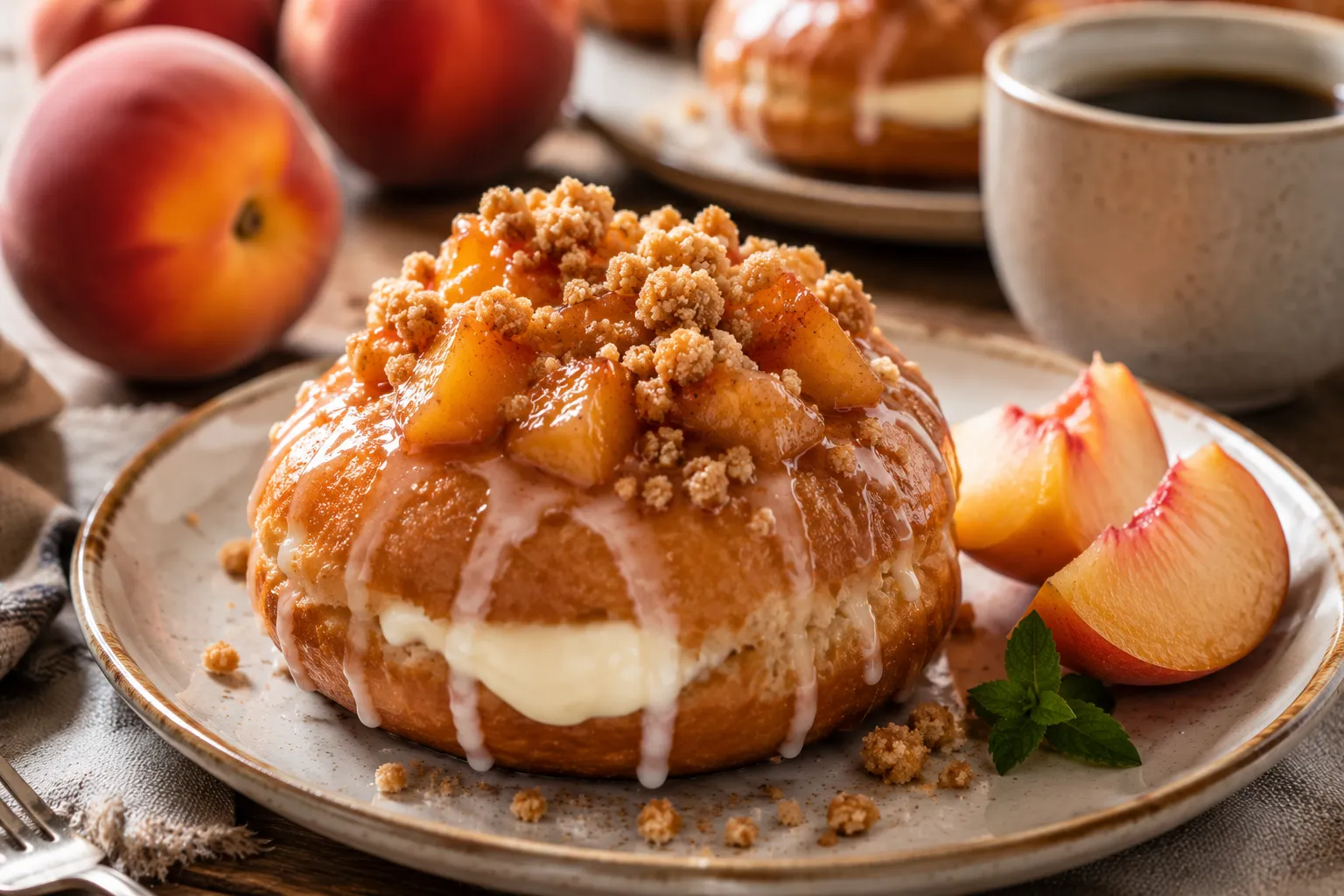 Close-up of Peach Cobbler Cheesecake Donuts with creamy filling