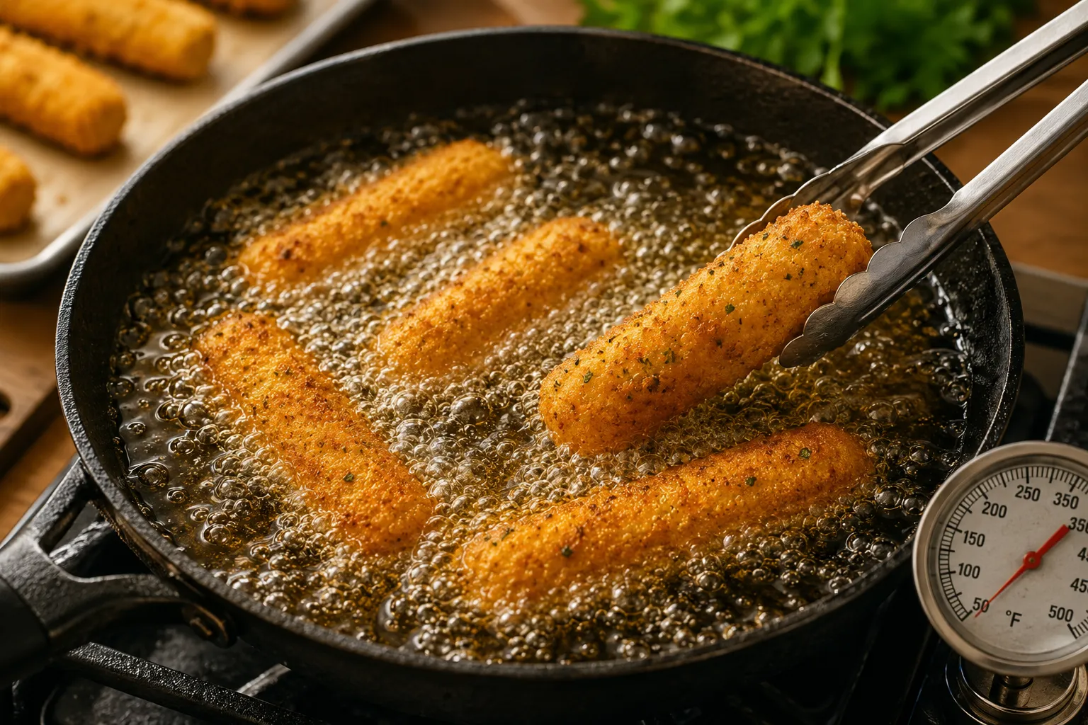 Mozzarella sticks frying in hot oil until golden brown.