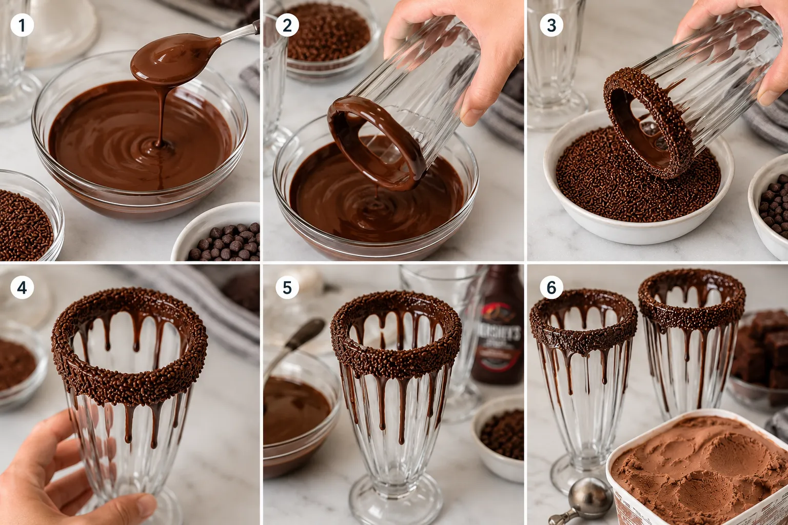 Chocolate-dipped milkshake glass rim covered with sprinkles