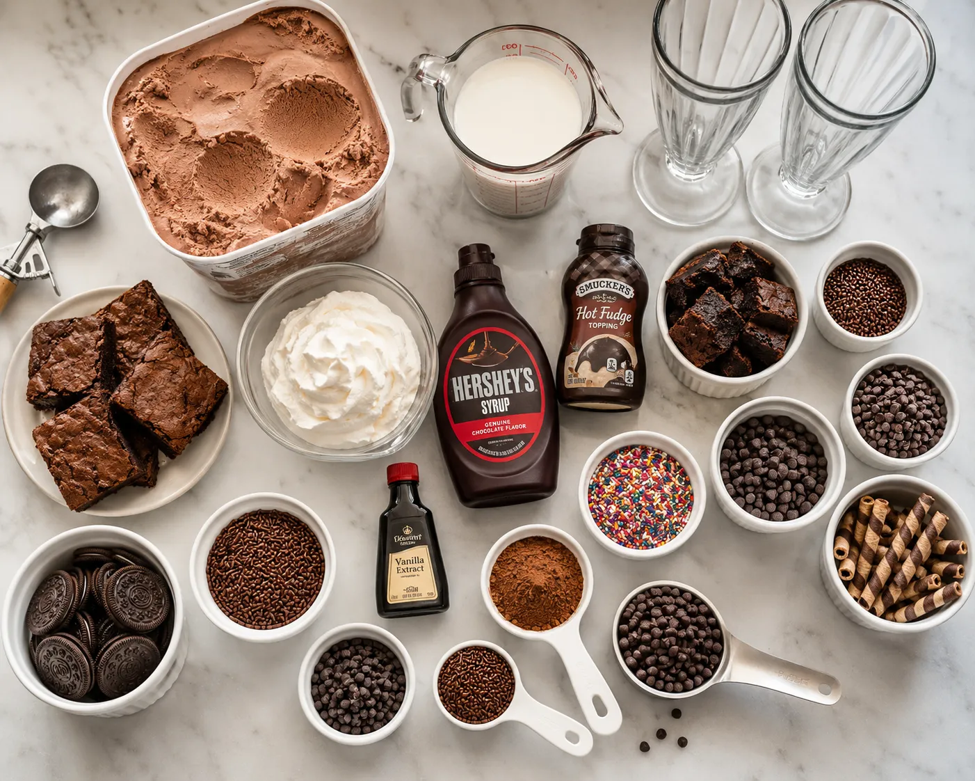 Ingredients for homemade chocolate freakshake arranged on a kitchen counter